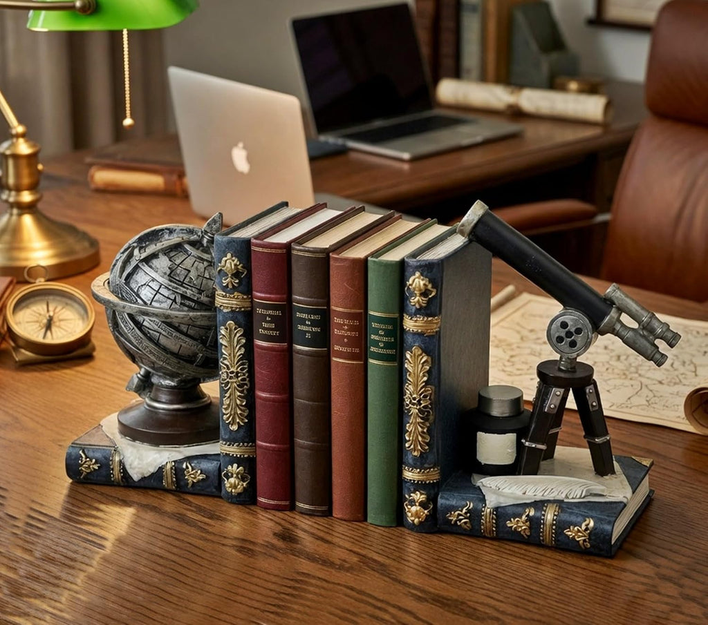 Galileo Bookends, Telescope, Globe, Armillary Sphere, Astronomy - Set of 2