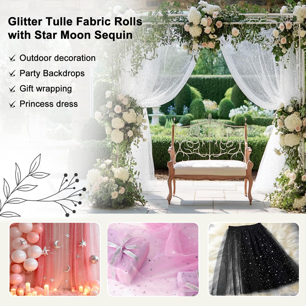 61"Width Glitter Tulle Fabric with Star Moon Sequin, 100% Polyester, Sparkly Fabric for Tutu Skirt Bridal Veil