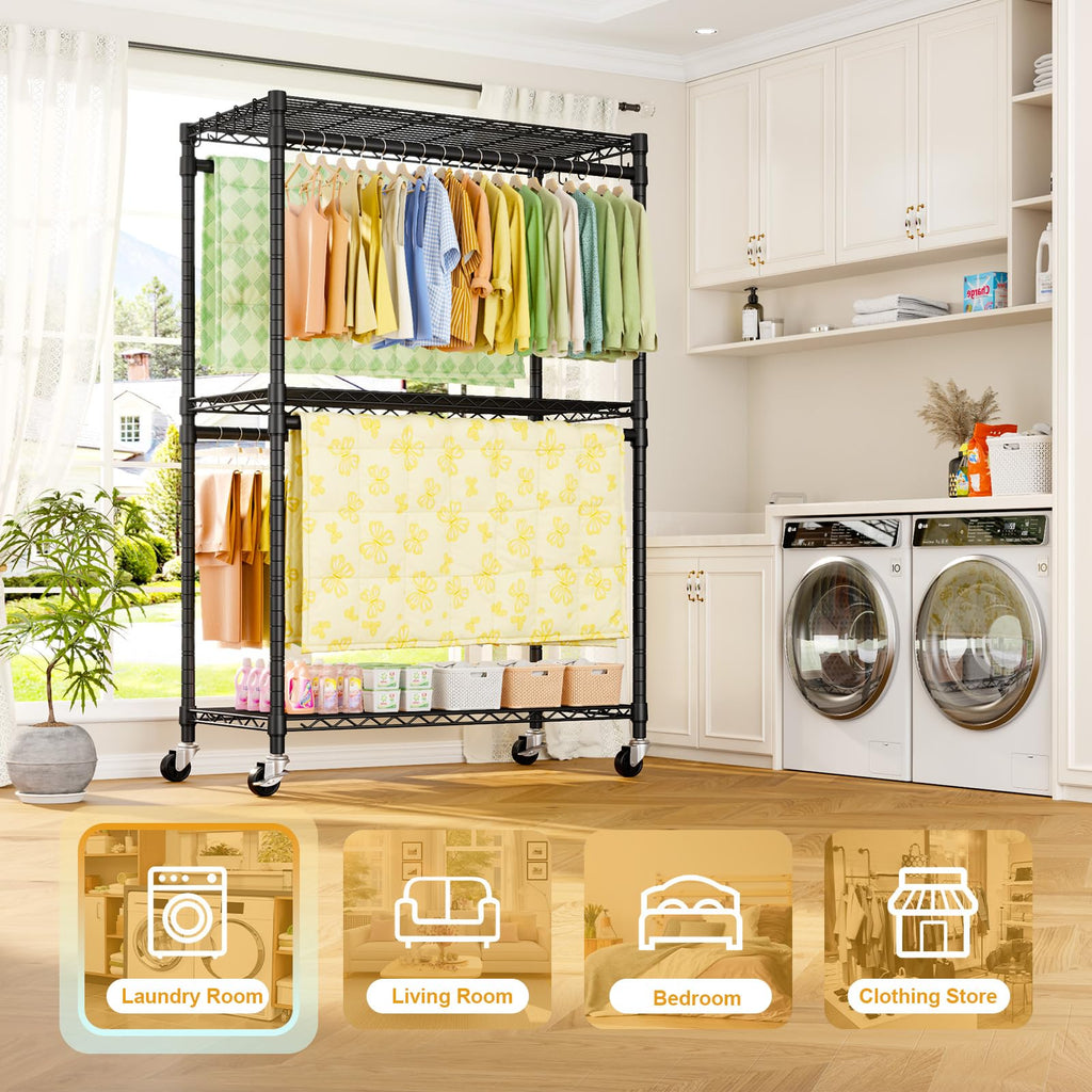 Rolling Clothes Rack, Clothing Racks for Hanging Clothes, Black