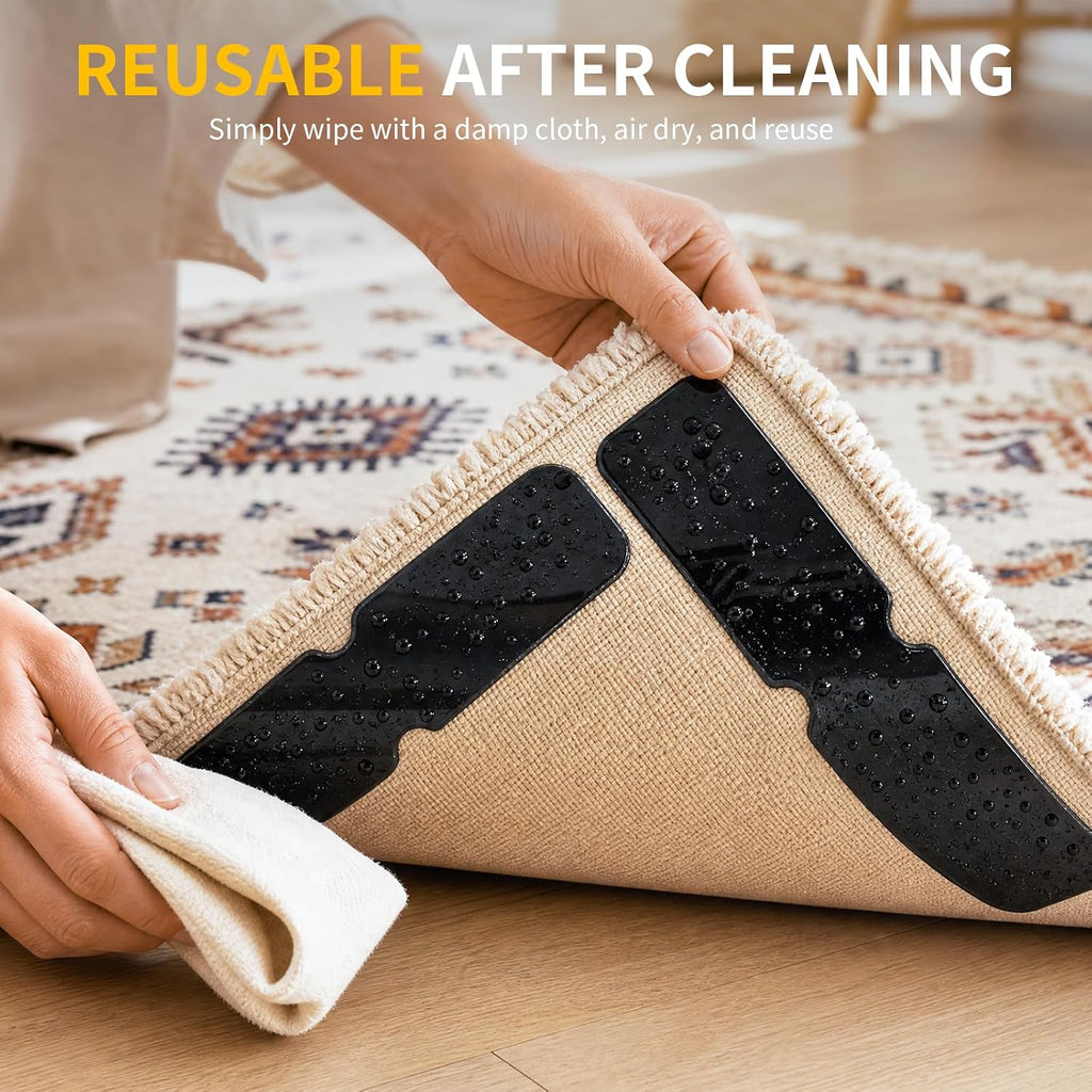 Rug Grippers for Hardwood Floors, No Damage Reusable Non Slip Rug Tape Pads, Washable Strong Adhesive Carpet Grippers - Set of 8