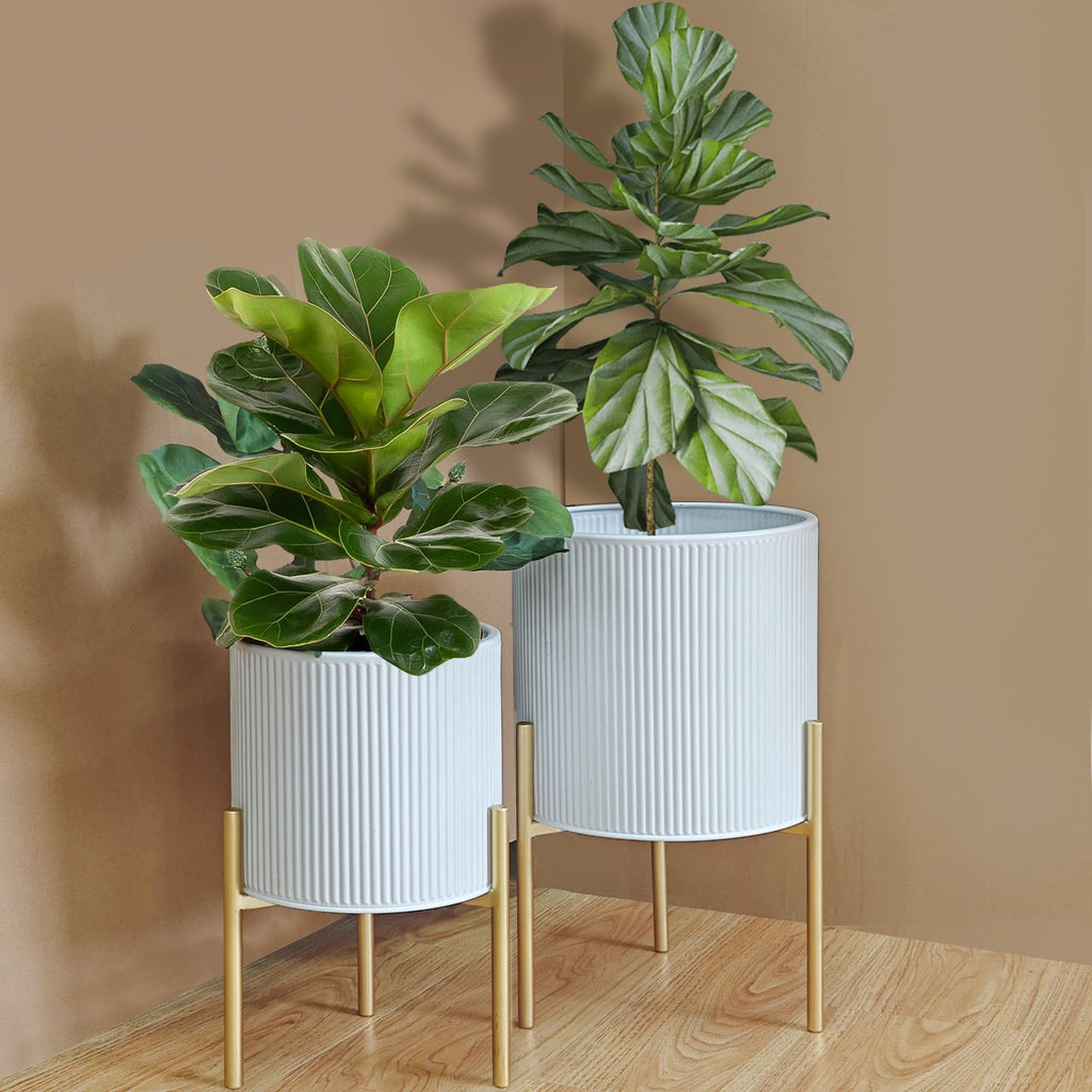 Modern Plant Pots, Set of 2 Round Large Planters with Stand, Large Size Metal Pots with Drainage Holes, Garden or