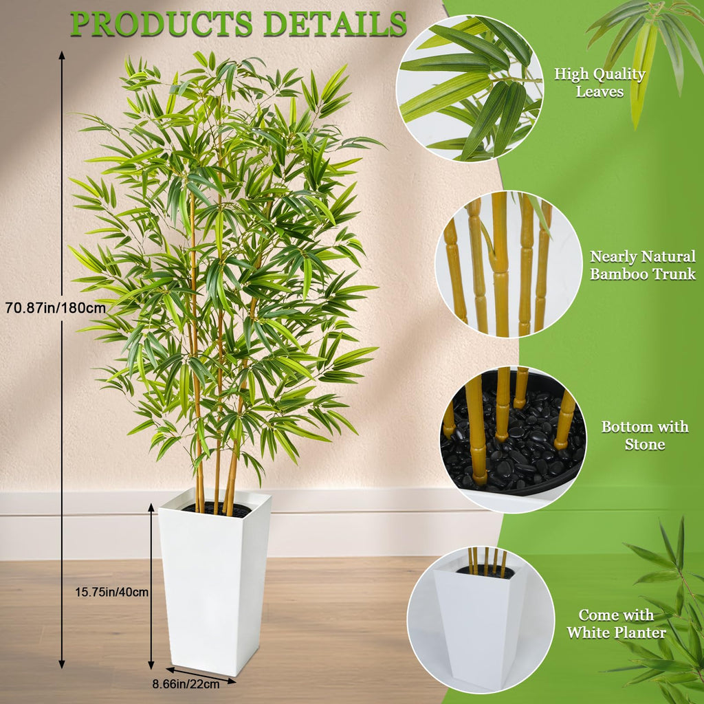 6FT Artificial Bamboo Tree with White Tall Planter, Faux Tree Indoor