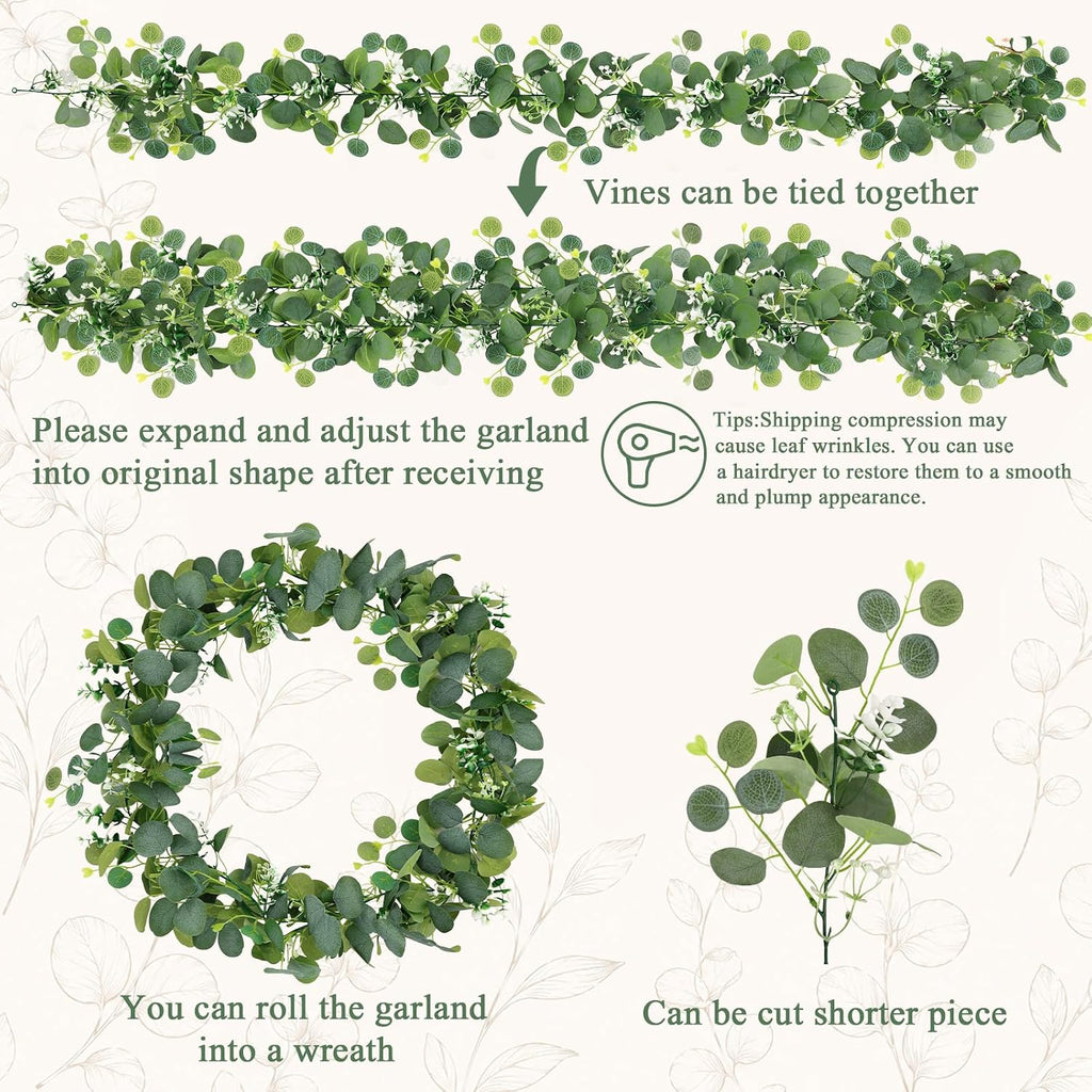 Artificial Eucalyptus Leaf Garland, Faux Greenery Garland Decor 6 FT Summer Garlands, Fake Hanging Vines - Set of 4