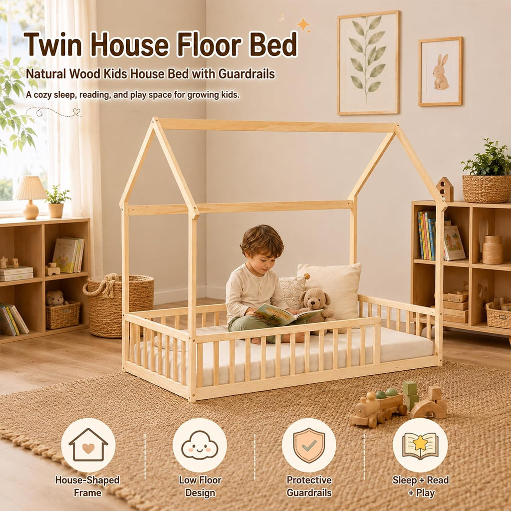 Tw Floor Bed with Roof and Guardrails, No Box Spring, Natural | Pine wood kids floor bed with low design, guardrails