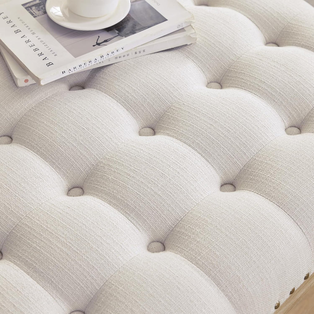 33-inch Square Ottoman Coffee Table, Large Storage Ottoman (Beige) | Tufted Upholstered Linen Ottoman , Farmhouse
