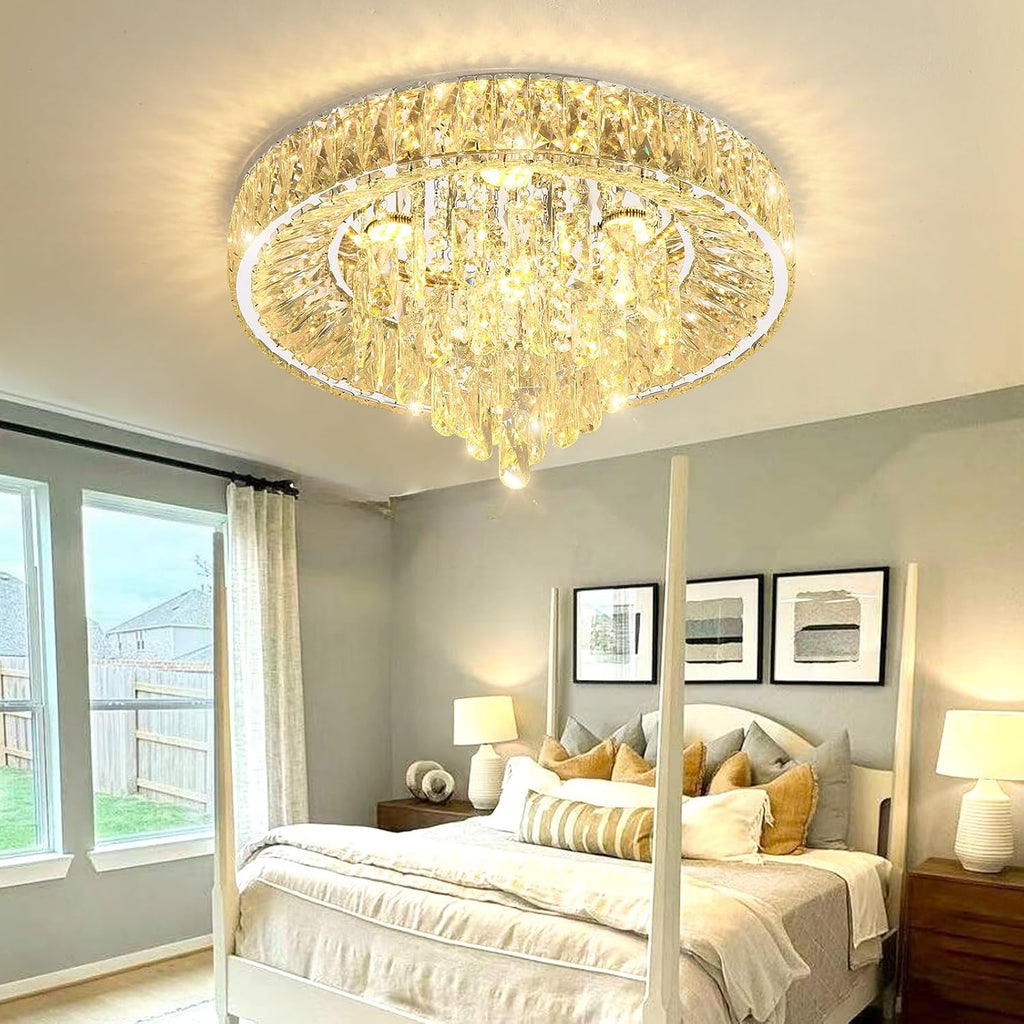 Modern Crystal Chandeliers for Dining Room LED Light Fixture Close to Ceiling Chandelier Flush Mount Ceiling Light