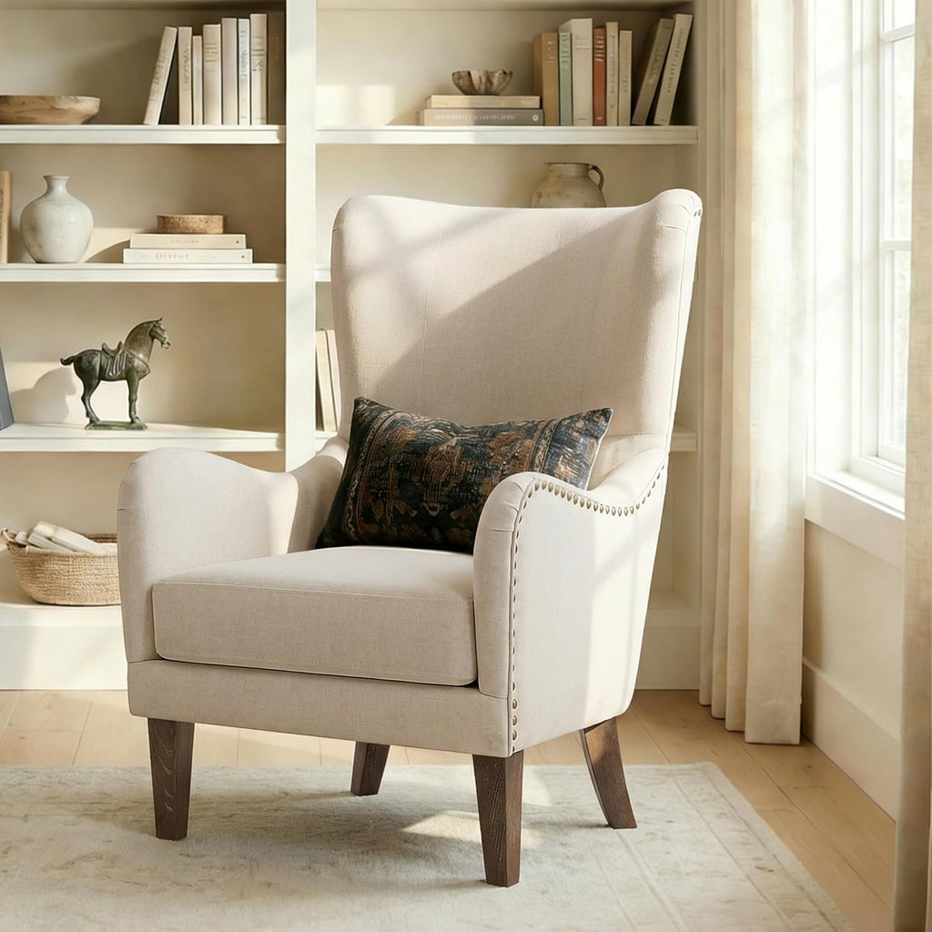 Mid-Century Modern Wingback Club Chair, Fabric Living Room High-Back Accent Chair, Classic Armchair Office Studio