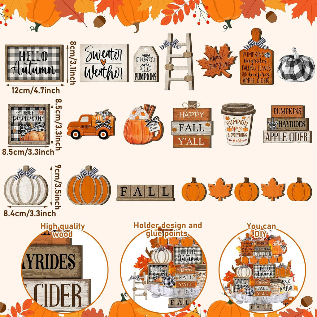 Fall Tiered Tray Decor Set Hello Autumn Table Sign Thanksgiving Farmhouse Pumpkins Maple Leaves Table - Set of 21