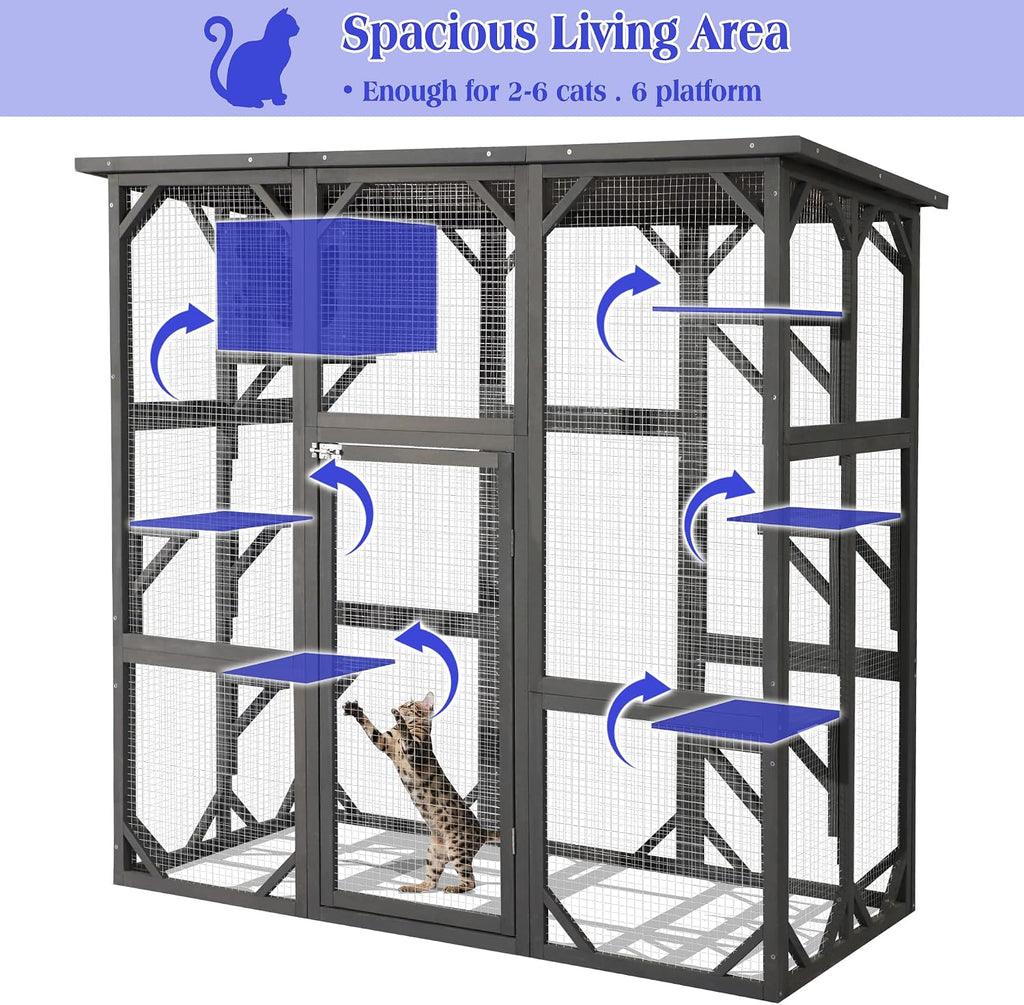 Large Outdoor Cat House Outdoor Wooden Cat Cage Cat Enclosure with Weatherproof Large Run, Jumping Platforms for Play