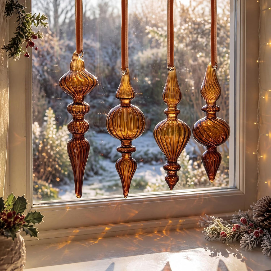 Vintage Glass Finial Christmas Ornaments, Dark Brown - Set of 12