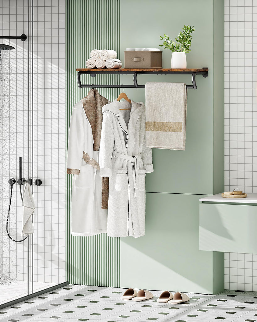 Wall Mounted Clothes Rack, Metal Garment Rack with Top Shelf, Laundry Storage Shelf with Hanging Rod, for Laundry