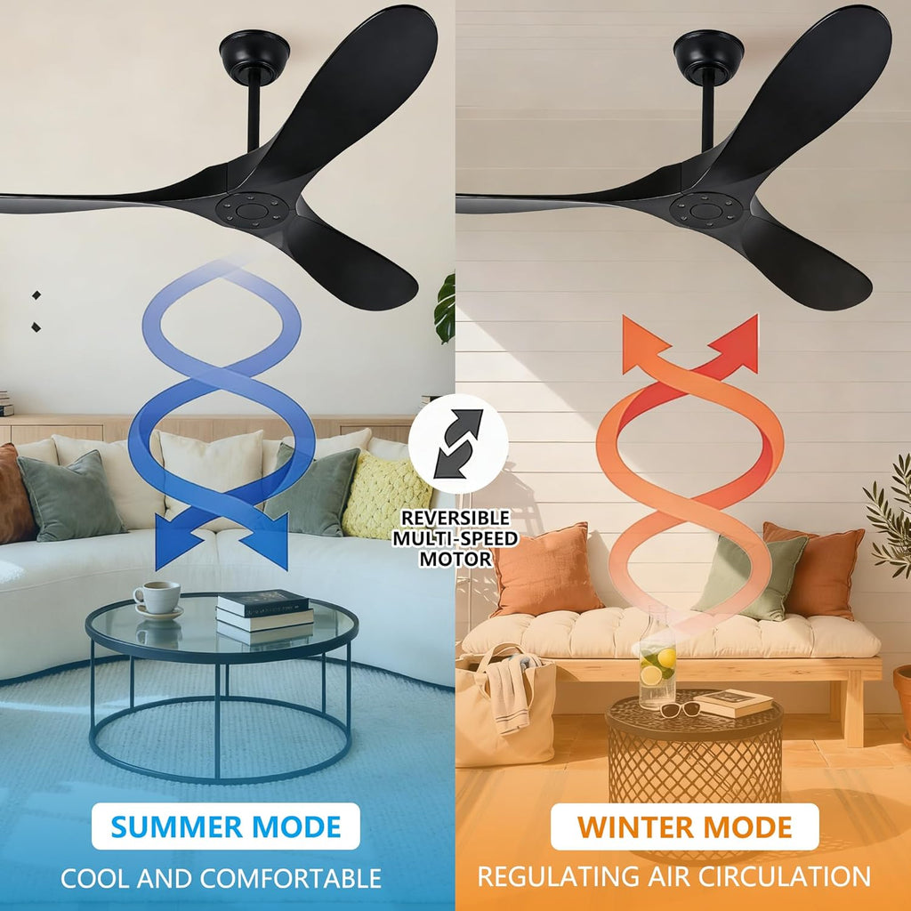 Inspired Maverick Style Solid Wood Black Ceiling Fan Without Light, 52 inch Walnut Ceiling Fan with 3 Wood Blades 6 Speeds Smart Timing Reversible DC Motor, Modern Fan for Indoor Outdoor Farmhouse/Patios A102-B0CMTK7D47