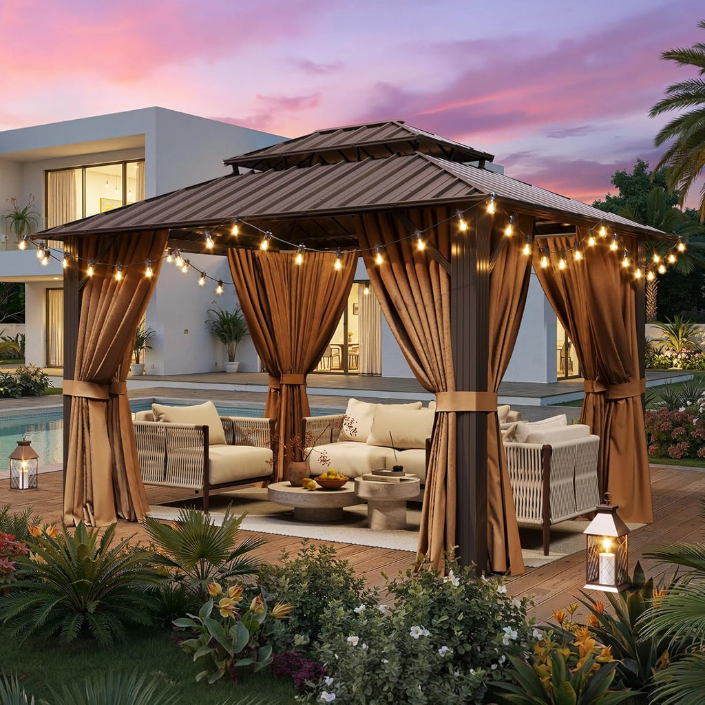 10x12FT Hardtop Gazebo, Metal Frame with Double Galvanized Steel Roof