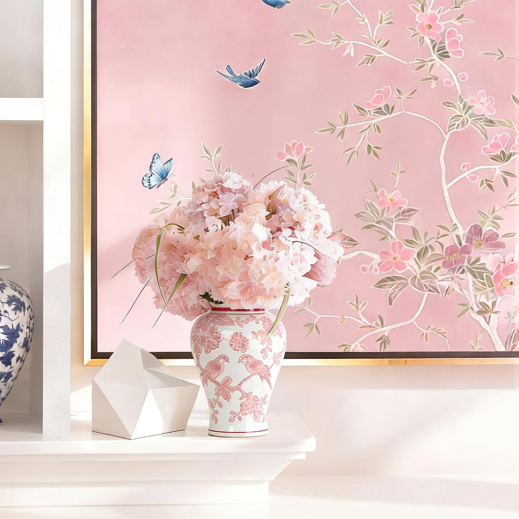11′′ Pink Ginger Jar with Lid Porcelain Stylized Songbirds Floral Temple Jar