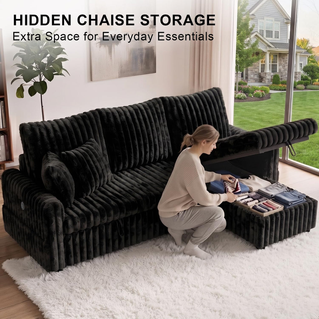 81" Sectional Sleeper Sofa Bed with Storage Chaise & USB Charging, Plush Corduroy L-Shaped Pull Out Couch Bed