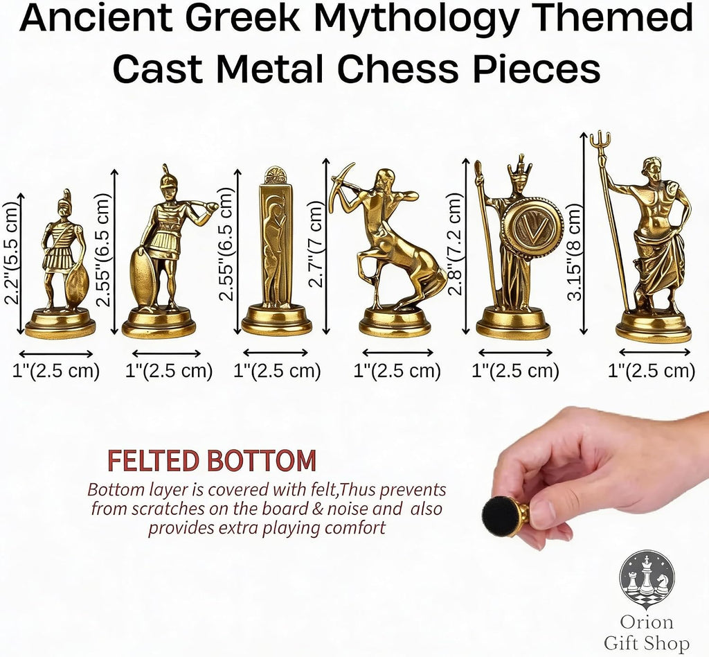 Greek Mythology Chess Set with Drawer Storage- Handmade Mosaic Wooden Chessboard- Metal Chess Pieces with Felt Base