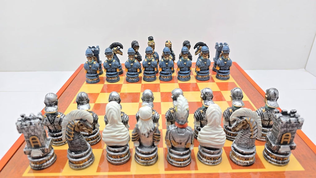 Medieval Gothic Skeleton Knights Chess Set, Hand Painted Undead Skull Resin Chess Pieces with Wooden Drawer Storage