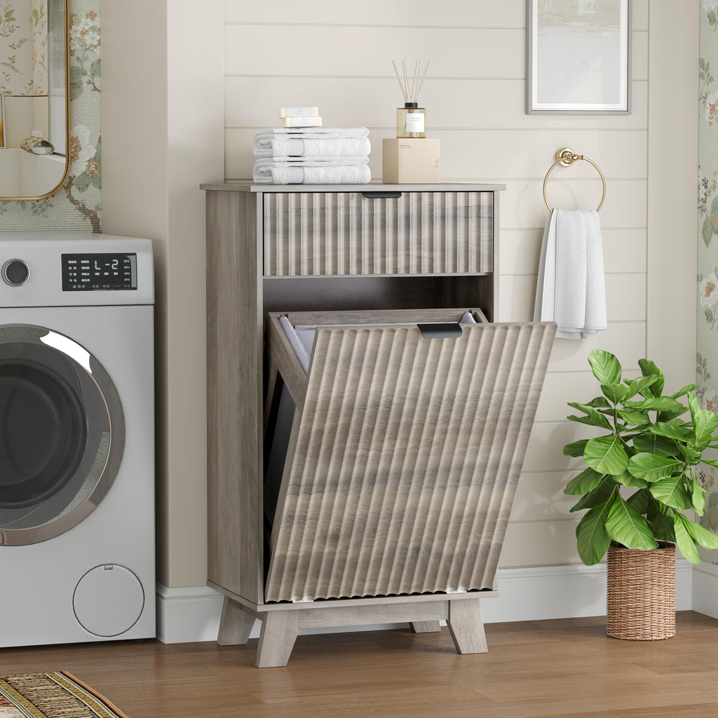 Tilt Out Laundry Hamper Cabinet with Storage and Drawer, 10 Gallon Fluted Hidden Trash Can Cabinet, Farmhouse Wood