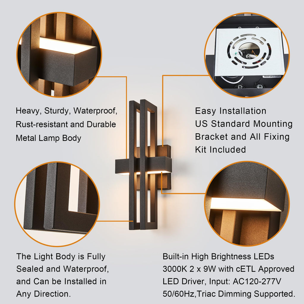 Outside Light 2 Pack, 15Inch Small Black Outdoor Wall Sconce Waterproof Exterior Light Fixture, Modern Wall Mount