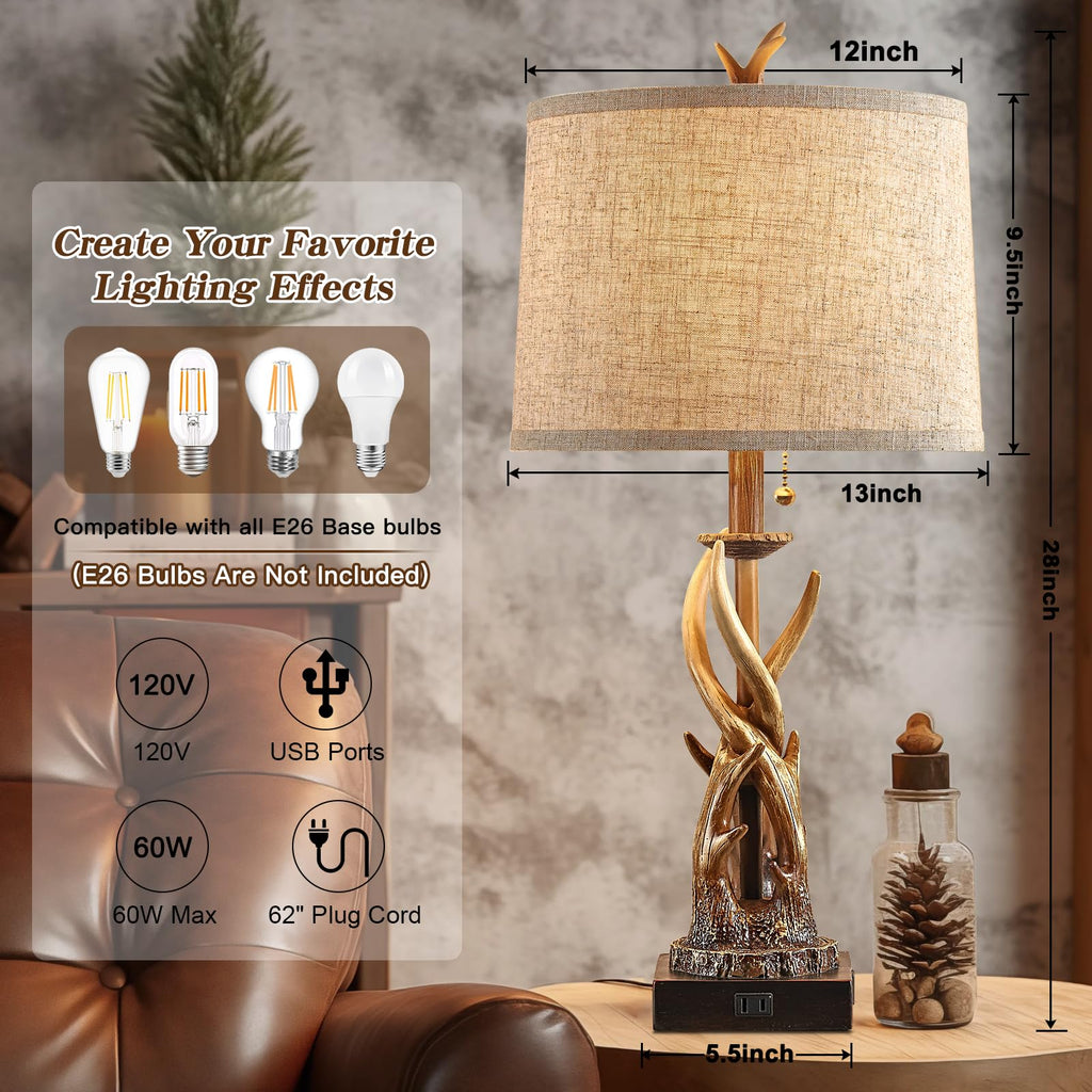 Rustic Deer Antler Table Lamps Set of 2 Farmhouse Bedside Lamps with USB A+C Ports End Table Hunting Themed Cabin