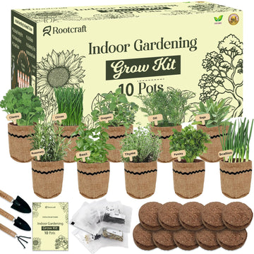 10 Herb Garden Planter Indoor Kit, 44pcs Complete Kitchen Herb Starter Set Including Burlap Pots, Markers, Soil