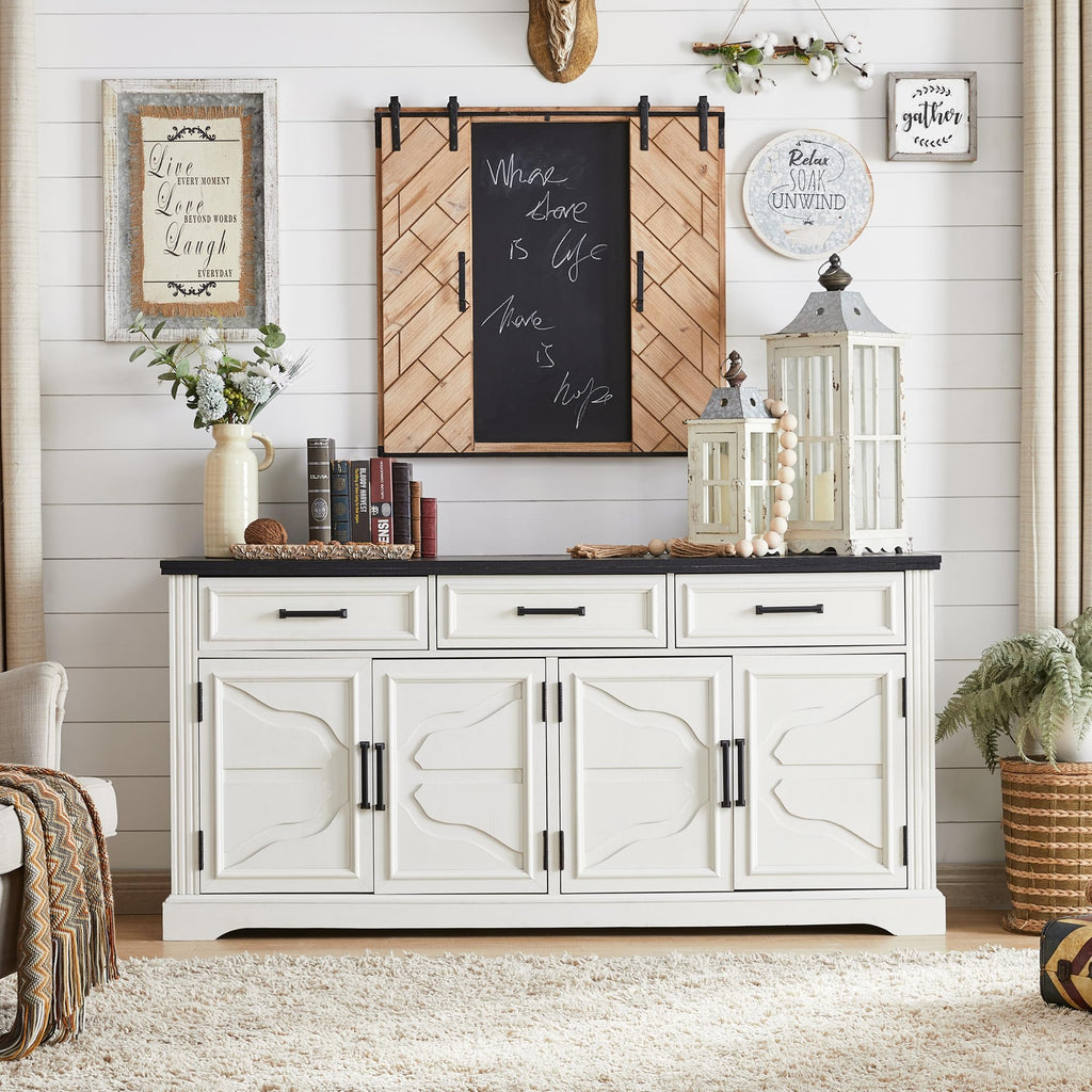 66" Farmhouse Buffet Cabinet with Storage, Sideboard Credenza, Carved Cloud-Inspired Doors, 3 Drawers & Adjustable