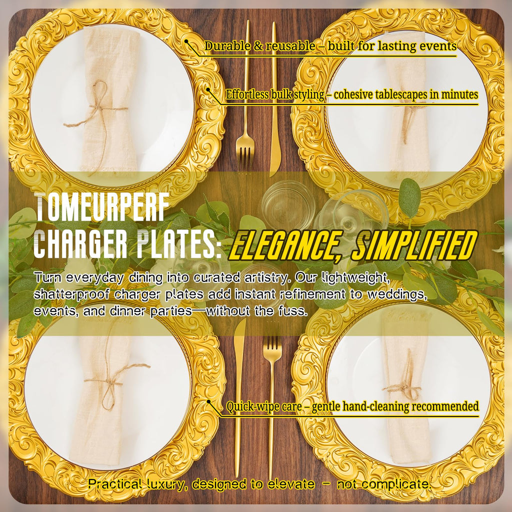 Bulk 100Pcs - 13" Gold Chargers for Dinner Plates, Floral Embossed Decorative Charger Plate for Wedding & Event