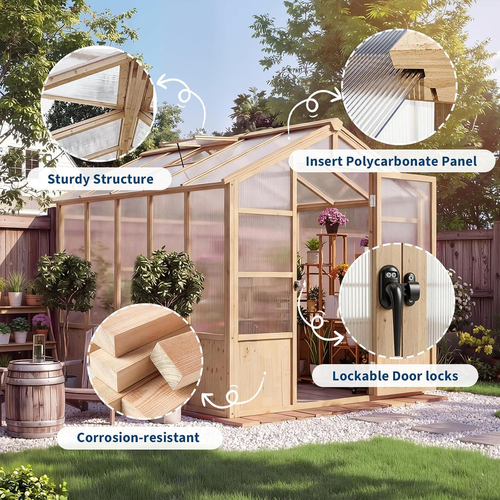 6'x10' Wooden Greenhouse for Outdoor, Large Walk-in Greenhouse Kit with Ventilated Window, Door & Polycarbonate