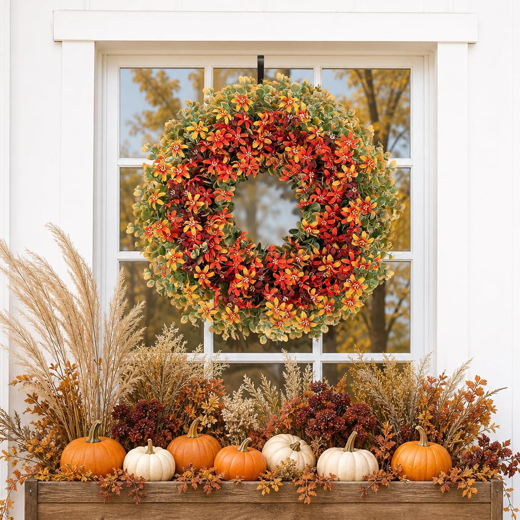 Fall Door Boxwood Wreath, 24 Inch Autumn Wreaths with Hanger