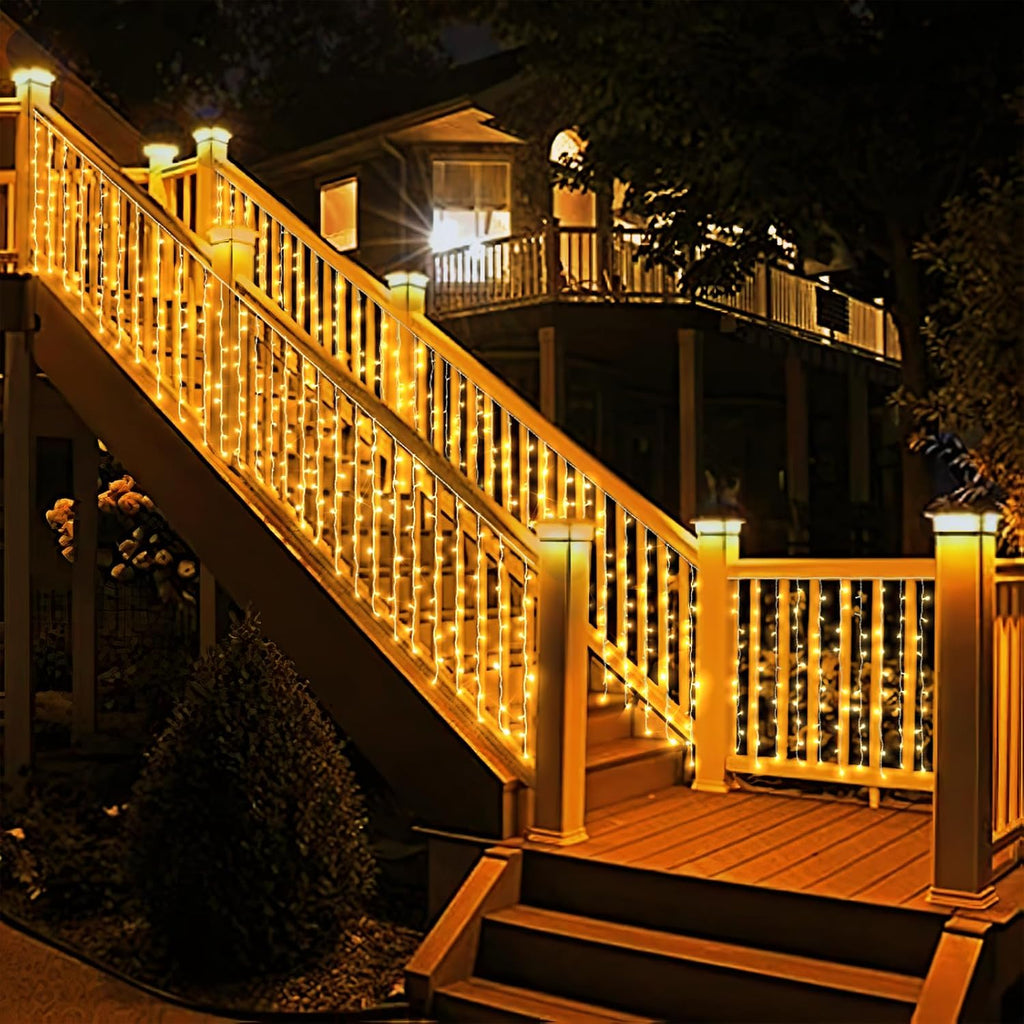 Curtain-Lights Outdoor, 300 LED-Fairy Lights, Connectable15×3.3 FT with 8 Lighting Modes, for Balconies, Fences