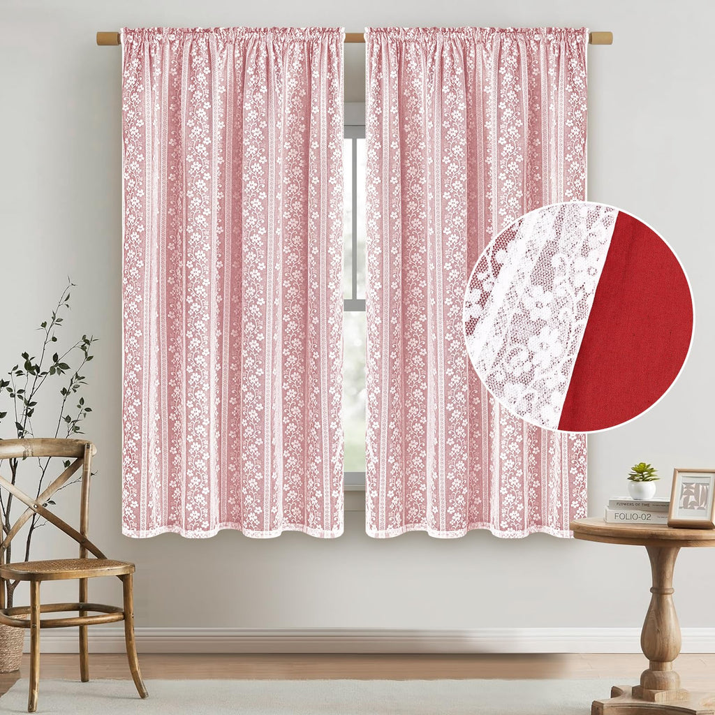 Linen Curtains Double Layers Curtains Farmhouse Window Curtain with Linen Lace, Light Filtering Curtain 63 Inch