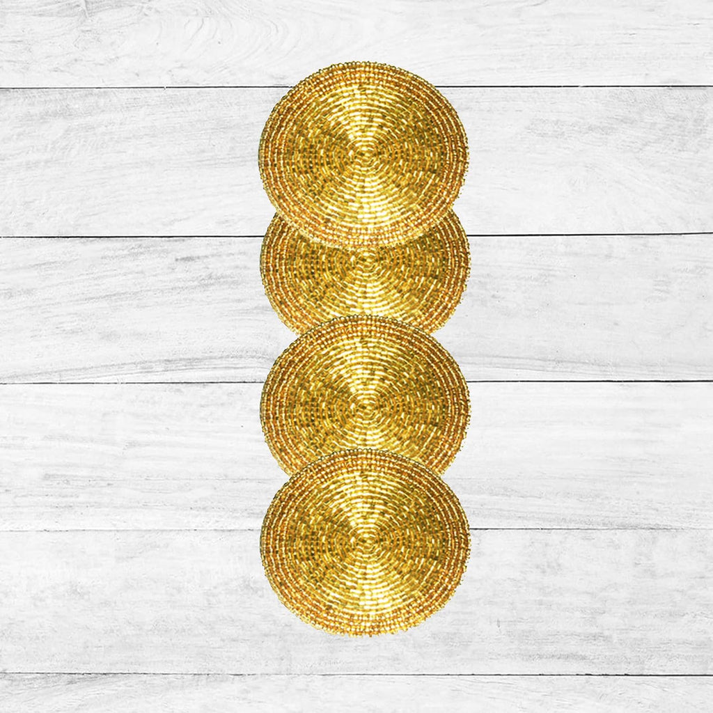 Indian Handmade Top Table Accessories Gold Shimmering 4" Round Beaded Coasters Suitable for Cold Drinks Mugs Cups - Set of 4