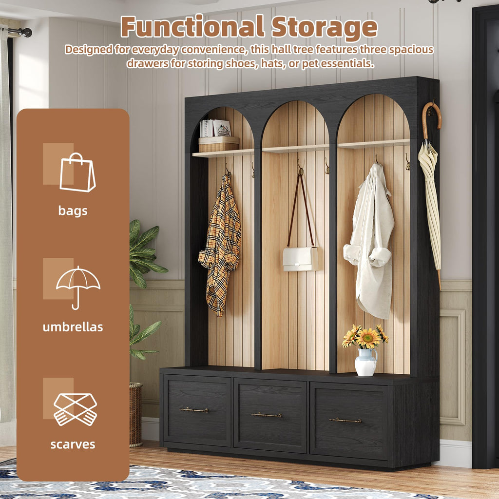 Farmhouse Wood Hall Tree with 8 Hooks and Storage Shoe Bench, Arched Mudroom Versatile Coat Racks with 3 Drawers