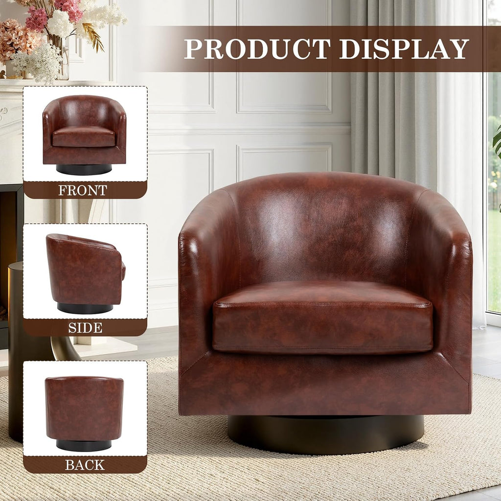 Faux Leather Swivel Accent Chair, Barrel Club Armchair, Red Brown