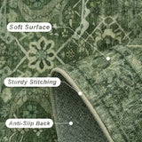 8x10 Washable Vintage Green Area Rug, Low Pile Non-Slip Carpet for Living Room Bedroom