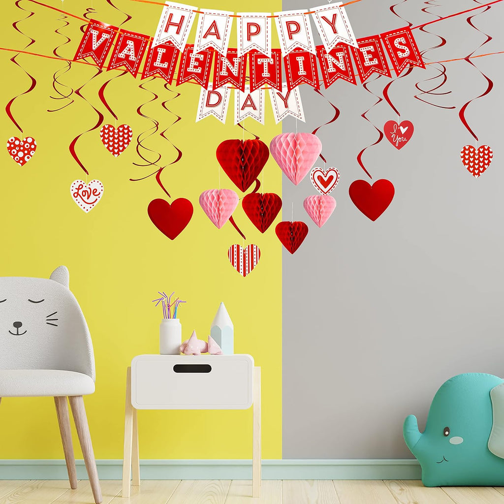 Valentines Day Swirl String Cutout,Decoration Kit with Banner, Garland, Foil Swirls, Hanging Swirls with Heart - Set of 31