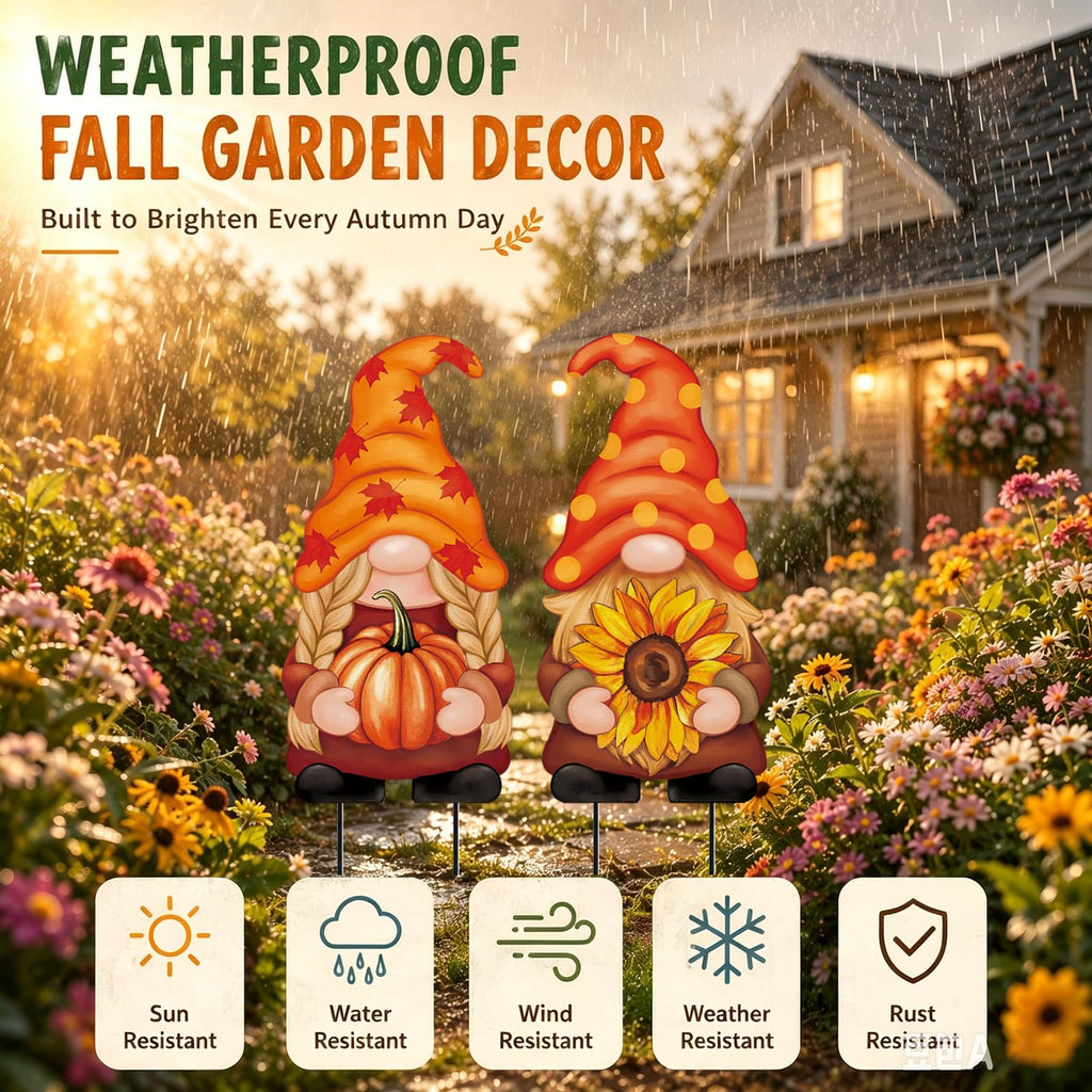 2Pcs Metal Gnomes Decorative Garden Stakes Pumpkin Sunflower Fall Thanksgiving Yard Signs Outdoor Decorations for