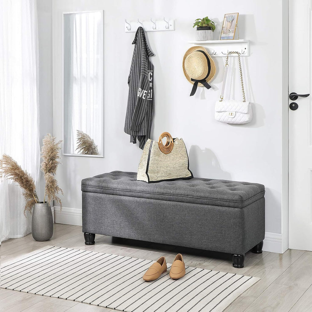 Storage Ottoman, 46.5 Inches Bedroom Bench, Solid Wood Legs | Buttons Decoration, Non-Slip Foot Pads, 330.7 lb Load