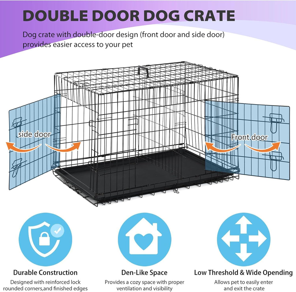 Dog Crate | 48" | Black | Foldable Metal Kennel with Double Doors, Secure Slide-Bolt Latches