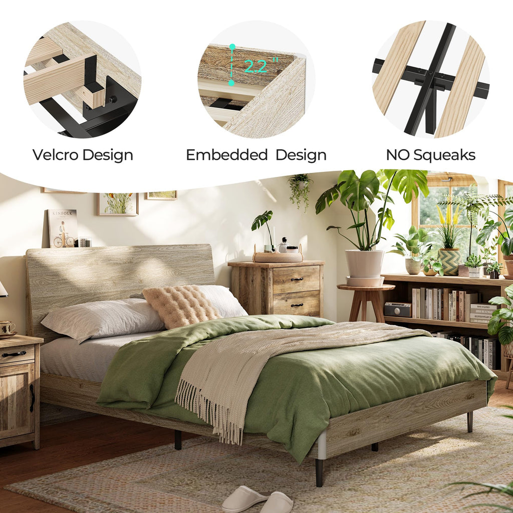 Queen Bed Frame with Ergonomic Headboard, Farmhouse Wood Bed Frame Queen Size with Storage Shelf, Noise-Free, No Box