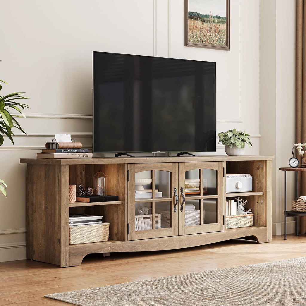 TV Stand for 75 Inch TV, Modern Farmhouse Entertainment Center with Storage Cabinets and Glass Doors, Tall Media