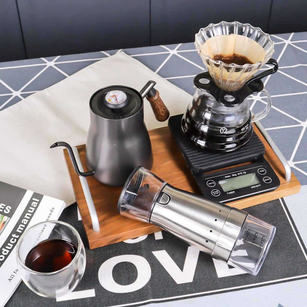 Electric Coffee Maker Set with Electric Grinder Glass Dripper Server Steel Kettle Filter Paper Travel Bag for Outdoor