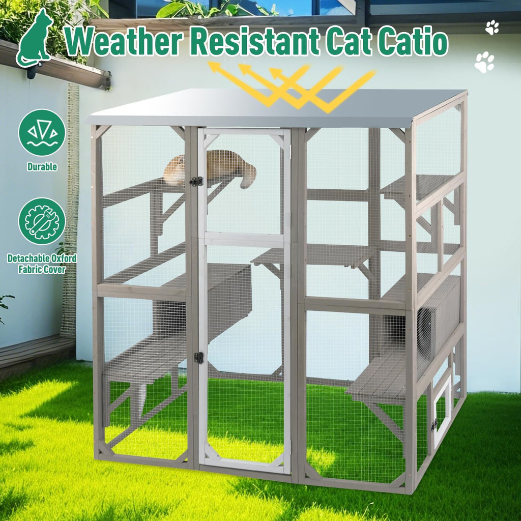 Outdoor Cat Catio Enclosures Large Wooden Cat House Patio for Indoor Cats Feral Cat Shelter with 2 Espace Doors, 2