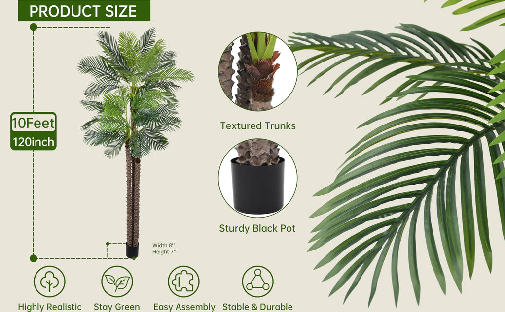 Artificial Triple Phoenix Palm Tree 10ft with 36 Leaves Realistic