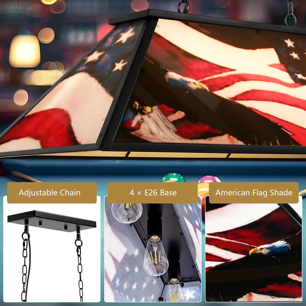Tiffany Pool Table Lamp, 43'' Billiards Light Fixture for 7'-8' Pool Table Hanging Lamp, with American Flag