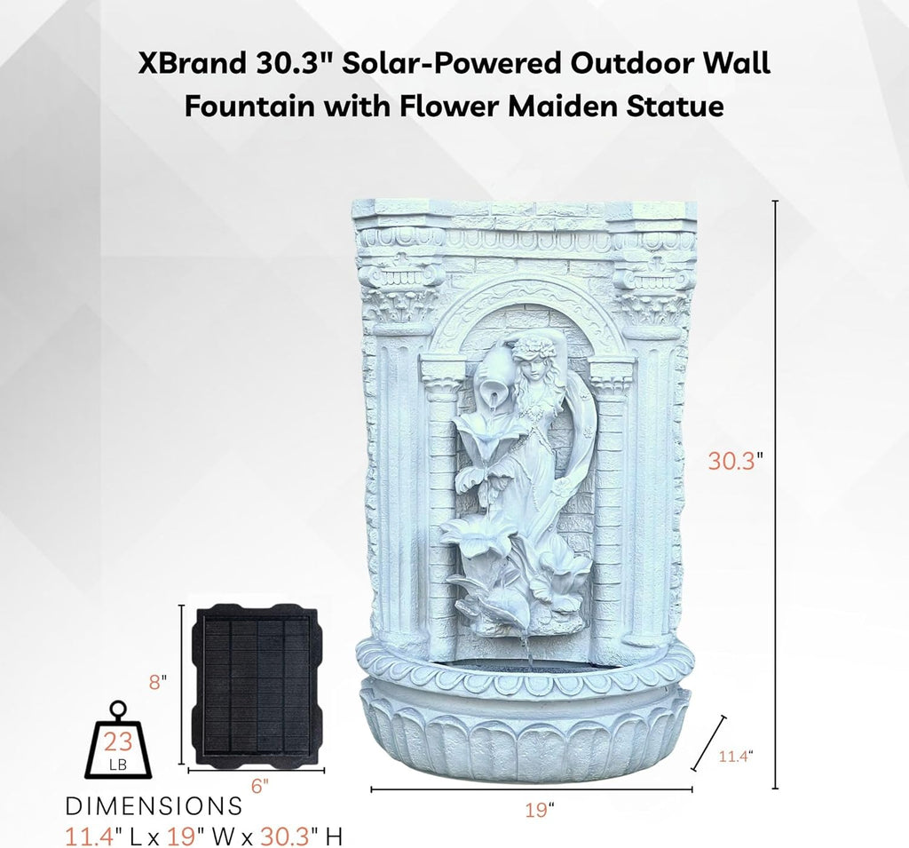 30.3" Solar-Powered Wall Mounted Water Fountain with Maiden & Floral Detail, Tiered Waterfall Design