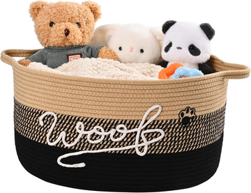 30L Woof Dog Toy Basket with Handles, Large Dog Toy Storage Bin with Paw Print, Woven Dog Basket for Blankets, Toys