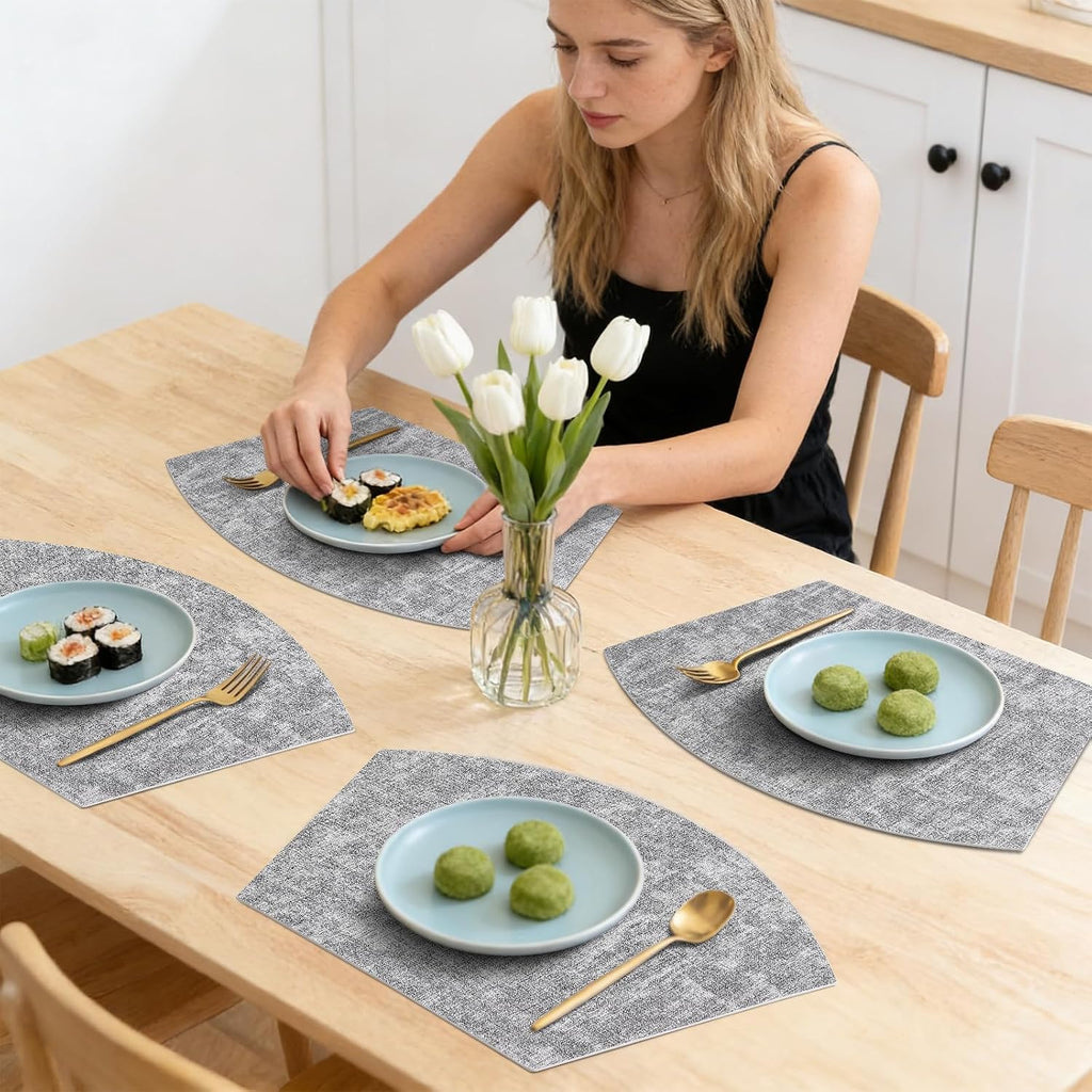 Wedge Faux Leather Placemats for Round Table, Light Grey - Set of 6