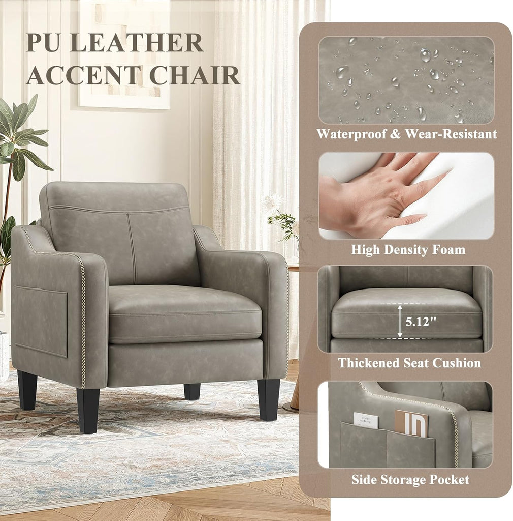 PU Leather Accent Chair, Mid-Century Modern Living Room Armchair Sofa with Removable Cushions, Solid Wood Frame &