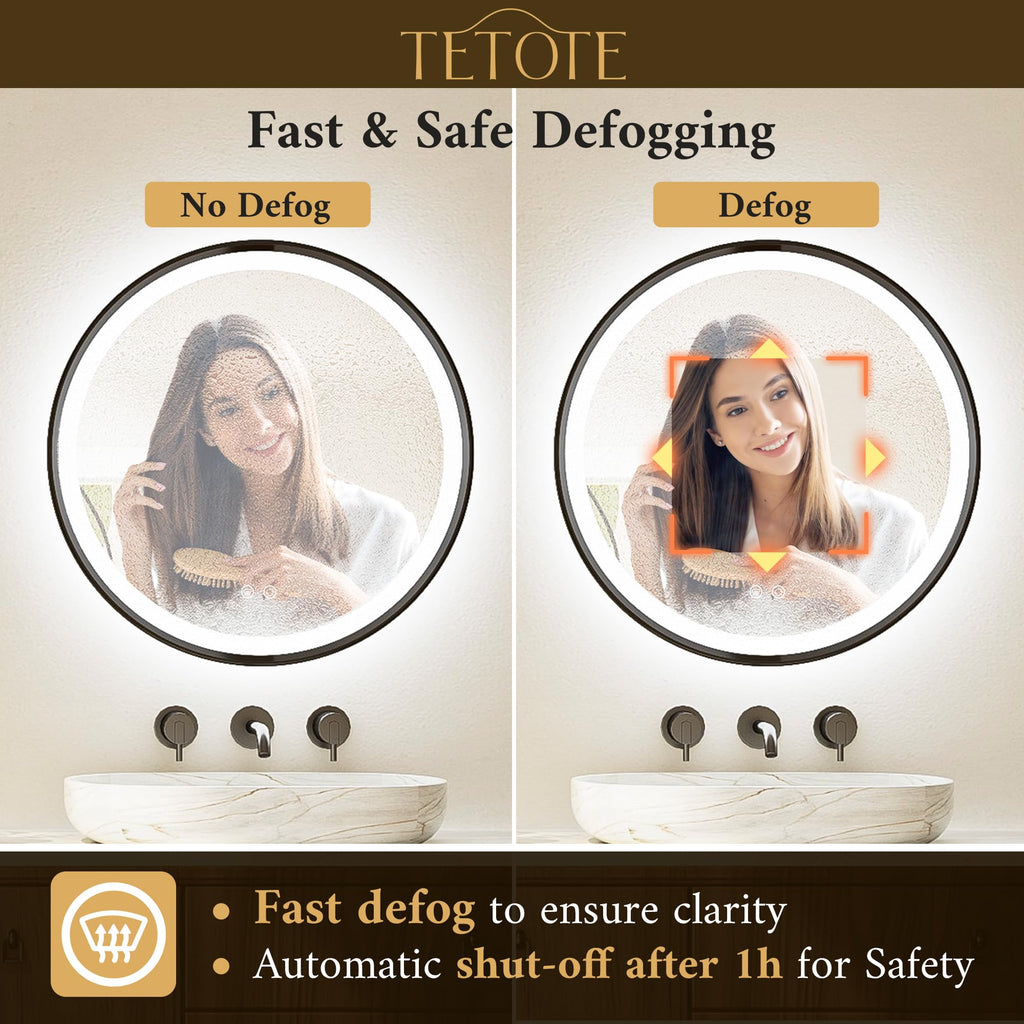 Round Led Lighted Bathroom Mirror Matte Black Frame 30 Inch Front and Backlit Circle Round Light up Vanity Mirror